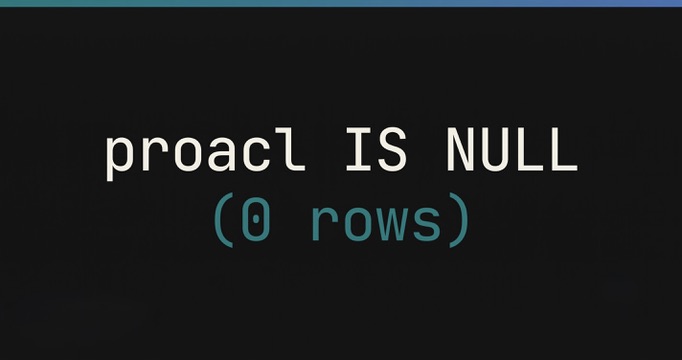 The text proacl IS NULL above an empty query result, (0 rows), rendered in mono type on a near-black card.