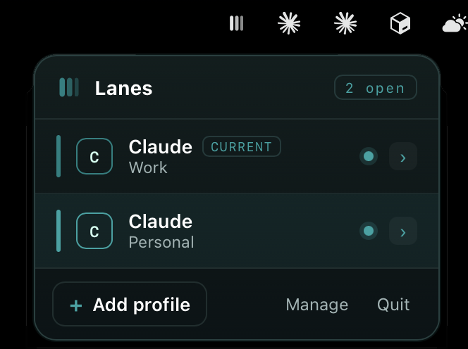 The Lanes menu-bar dropdown on macOS, listing two Claude profiles labeled Work and Personal, both marked as running, with an Add profile button below.