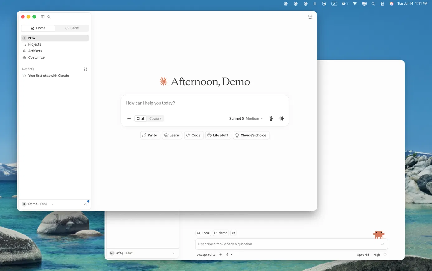 Two Claude Desktop windows open side by side on macOS, one signed in to a free account named Demo and one to a Max account, with three Claude icons visible in the menu bar alongside the Lanes icon.